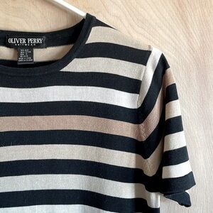 OLIVER PERRY Silk Cotton Crew Neck Knit Top Short Sleeve Black White Tan Med